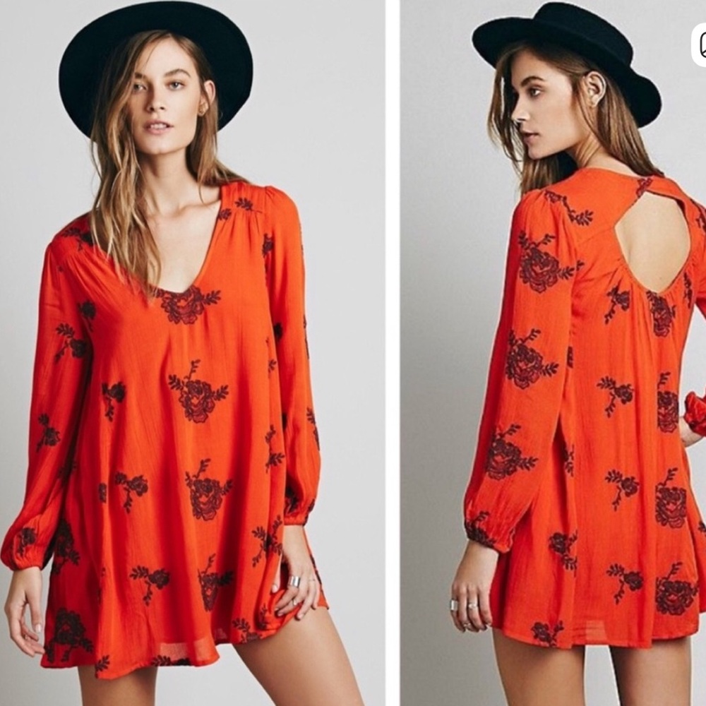 Free People Orange Floral Long Sleeve Dress